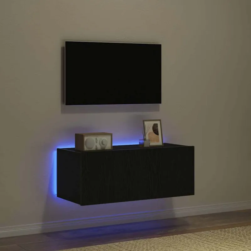 TV sieninė spintelė su LED Juodas ąžuolas 80 x 35 x 31 cm