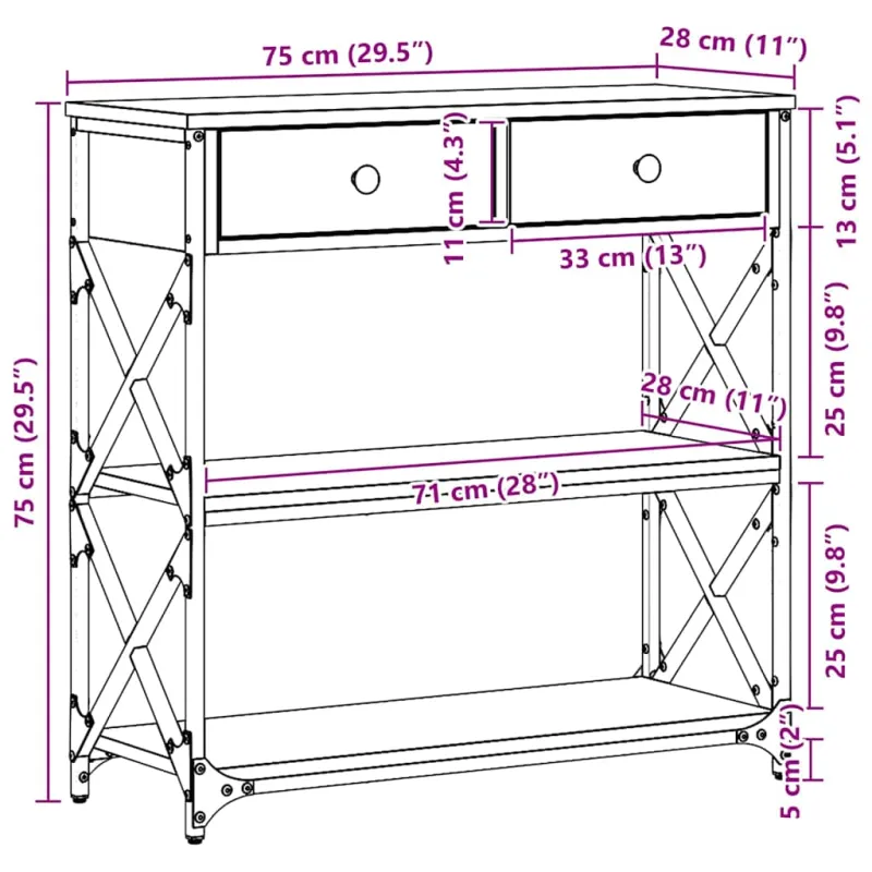 Konsolės stalas su stalčių juoda ąžuolo 75 x 28 x 75 cm
