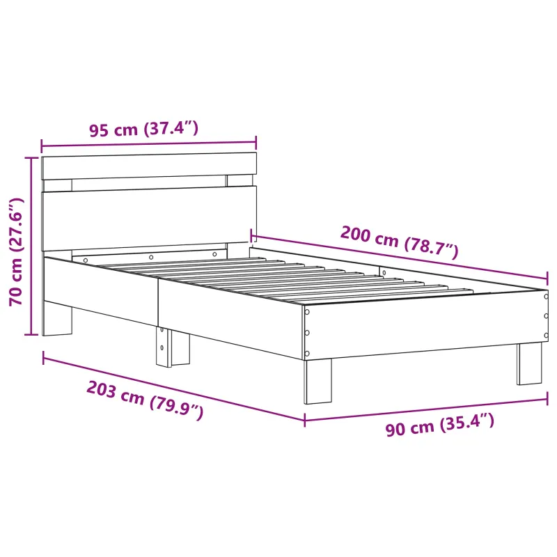 Lovos rėmas su LED Juodas ąžuolas 90 x 200 cm Apdirbta mediena