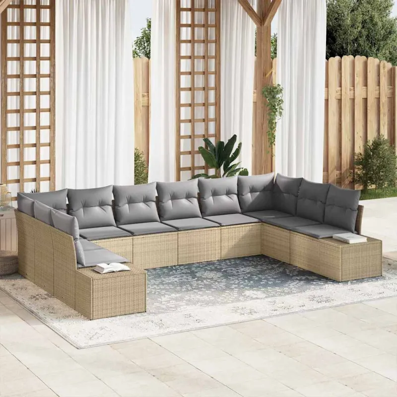 Sodo sohvaryhmä tyynyillä, 10 osaa, hiekanvärinen polyratanu