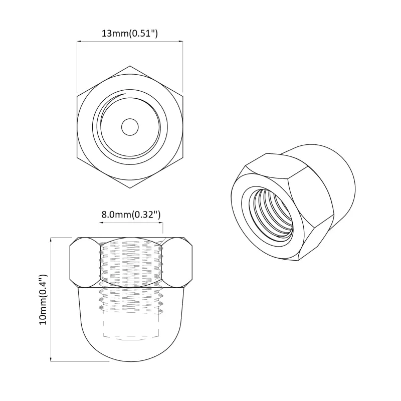 Hex gilių riešutai 2 pcs Sidabro m8 Metalas