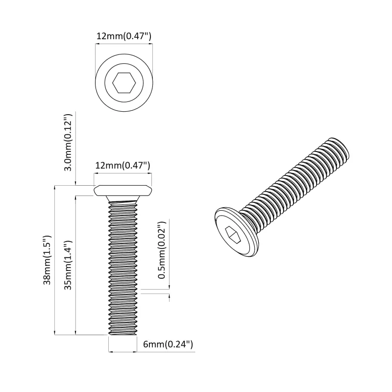 Galvos užrakto varžtas 12 pcs Sidabro M6 x 35 mm Plienas
