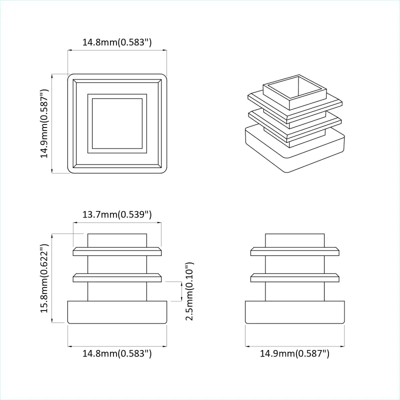 Galinių dangtelių 2 pcs Juoda 15 x 15 x 15 mm PP