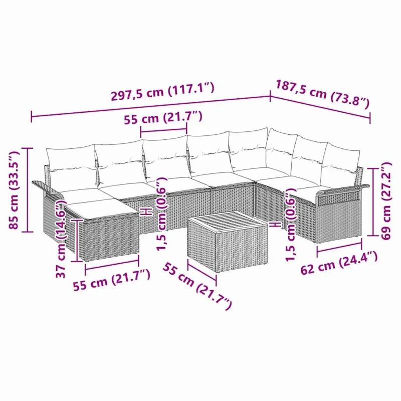Sodo sohvaryhmä tyynyine 9 osaa, hiekanvärinen polyratasta