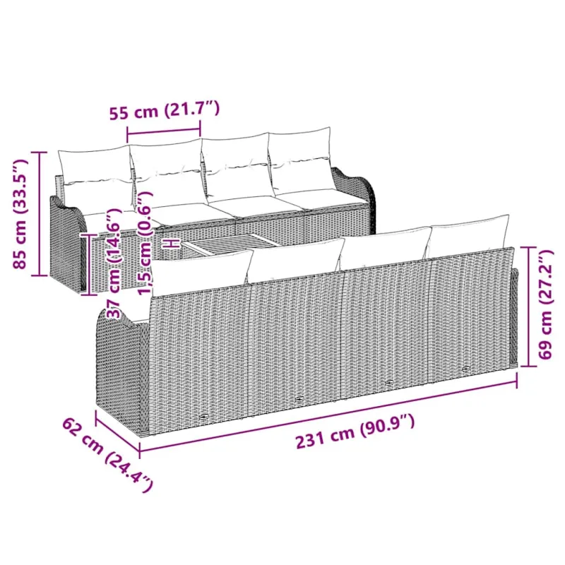 Sodo sohvaryhmä tyynyine 9 osaa, hiekanvärinen polyrattanu