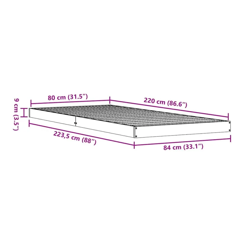 Grindų lovos rėmas Natūrali 80 x 220 cm Kietos pušies mediena