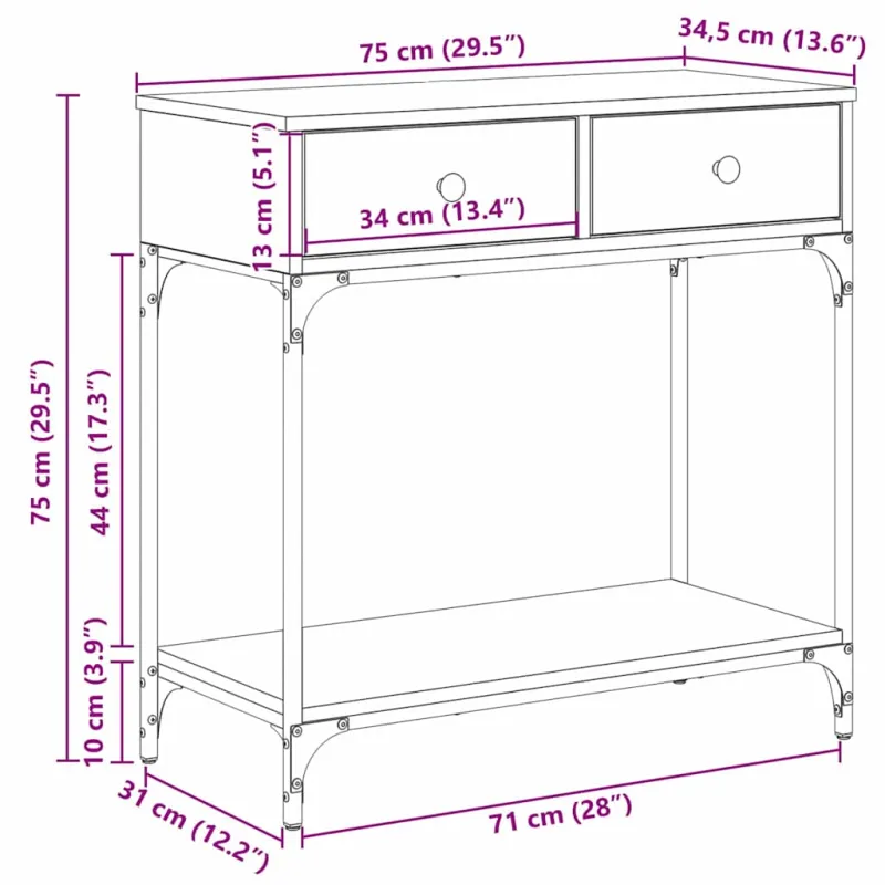 Konsolinis stalas su stalčių juoda ąžuolo 75 x 34,5 x 75 cm