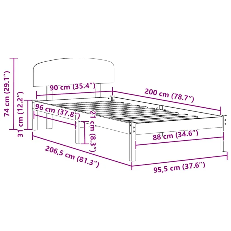 Lovos rėmas Natūrali 90 x 200 cm Kietos pušies mediena