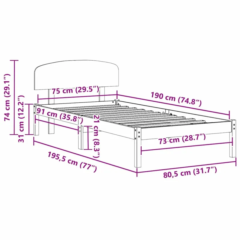 Lovos rėmas Natūrali 75 x 190 cm Kietos pušies mediena