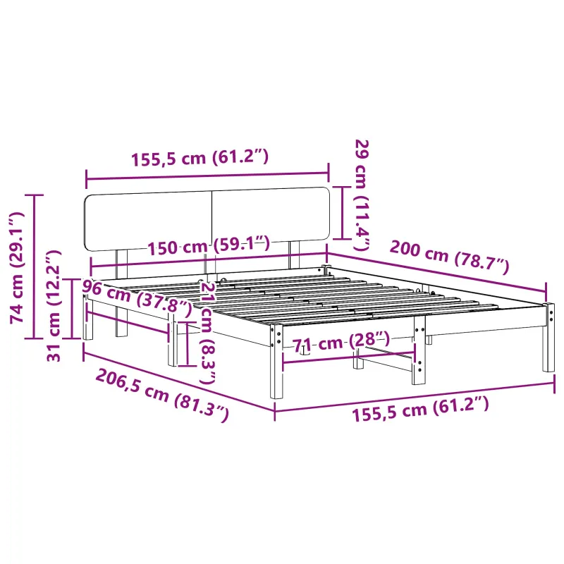 Lovos rėmas Balta 150 x 200 cm Kietos pušies mediena