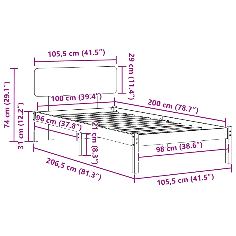 Lovos rėmas Natūrali 100 x 200 cm Kietos pušies mediena