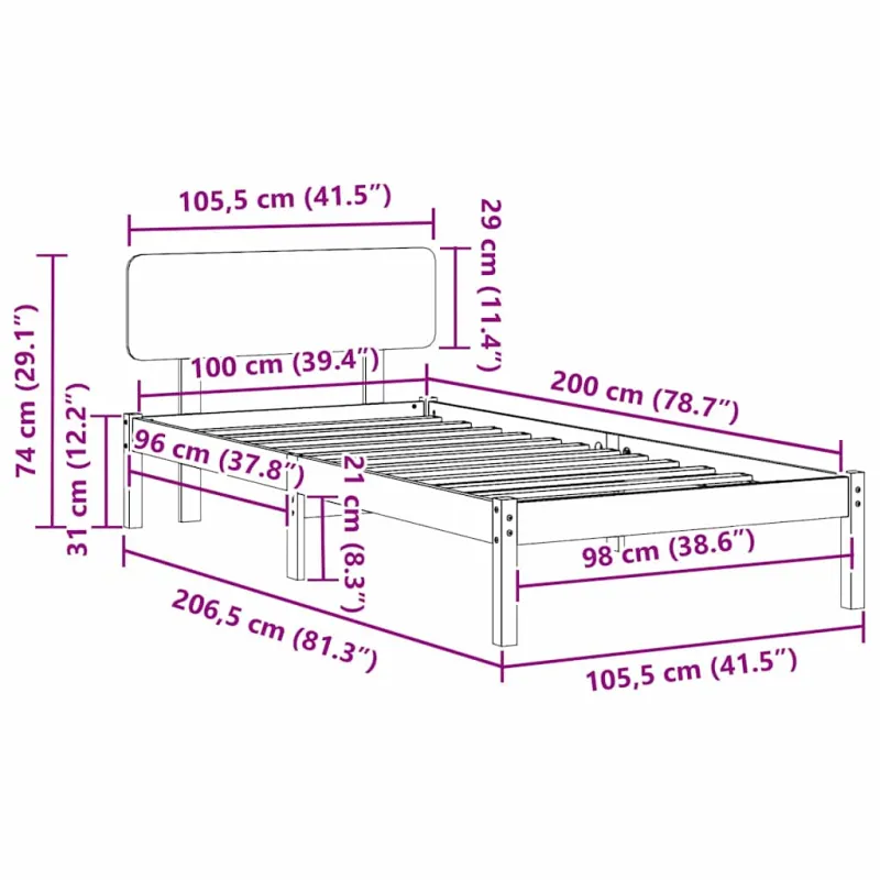 Lovos rėmas Balta 100 x 200 cm Kietos pušies mediena