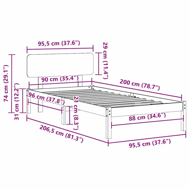 Lovos rėmas Natūrali 90 x 200 cm Kietos pušies mediena