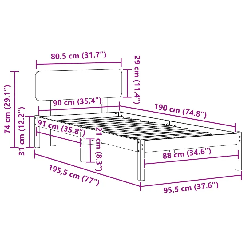 Lovos rėmas Natūrali 90 x 190 cm Kietos pušies mediena