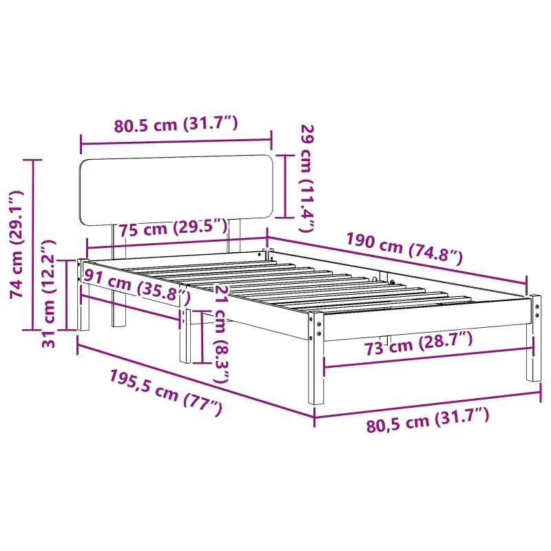 Lovos rėmas Balta 75 x 190 cm Kietos pušies mediena