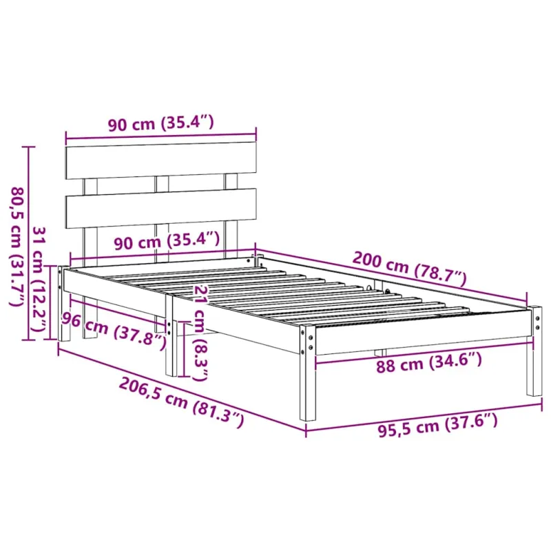 Lovos rėmas Ruda 90 x 200 cm Pušies medienos masyvas