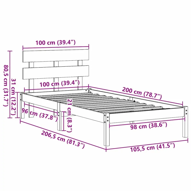 Lovos rėmas Balta 100 x 200 cm Pušies medienos masyvas
