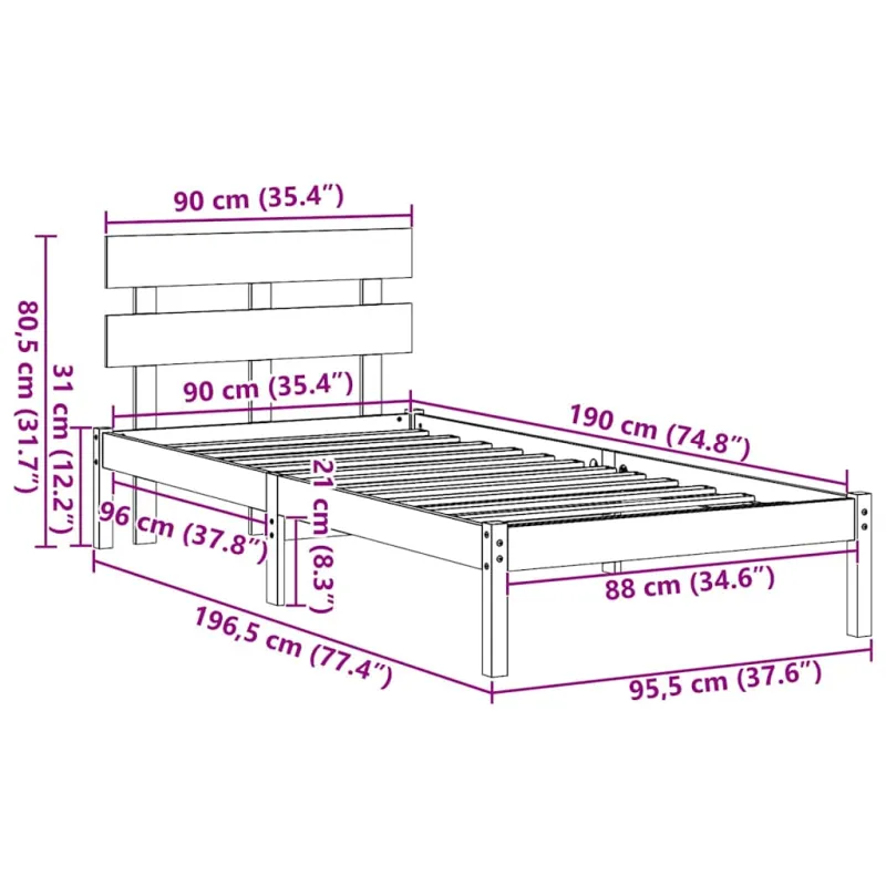 Lovos rėmas Ruda 90 x 190 cm Pušies medienos masyvas