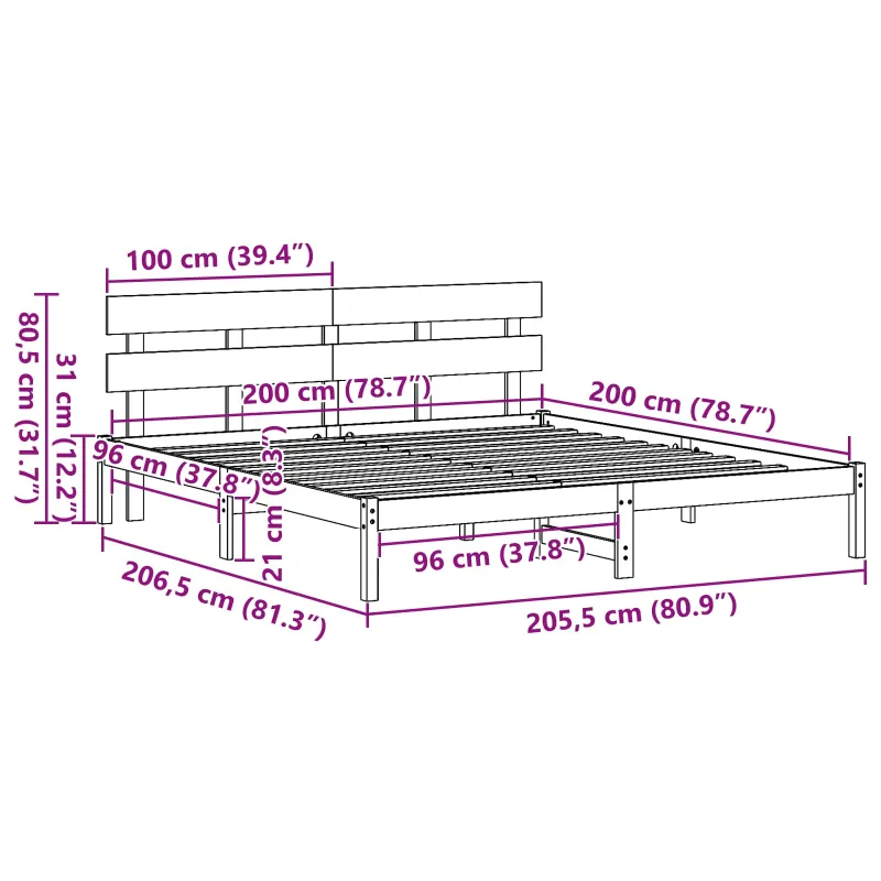 Lovos rėmas Balta 200 x 200 cm Pušies medienos masyvas