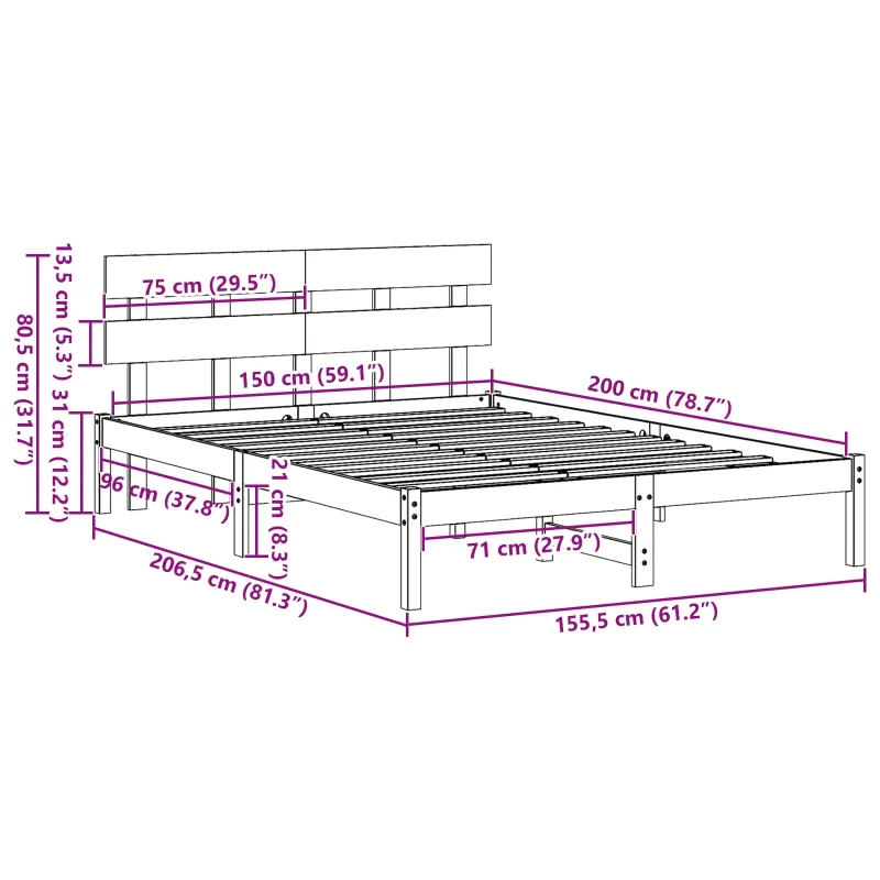 Lovos rėmas Balta 150 x 200 cm Pušies medienos masyvas