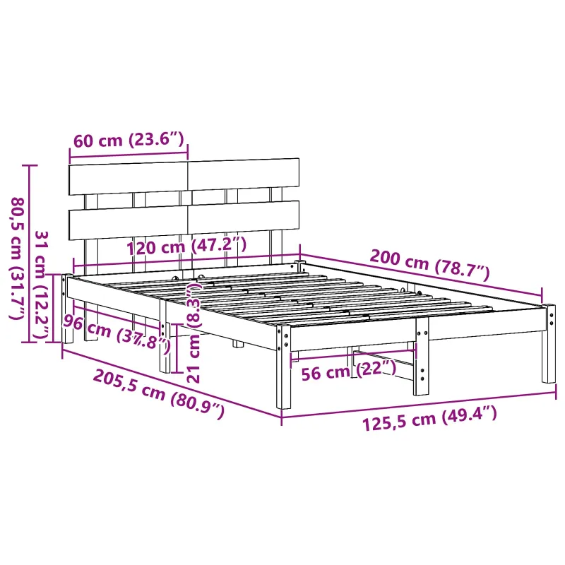 Lovos rėmas Balta 120 x 200 cm Pušies medienos masyvas