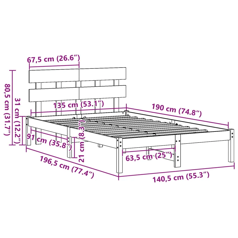 Lovos rėmas Ruda 135 x 190 cm Pušies medienos masyvas