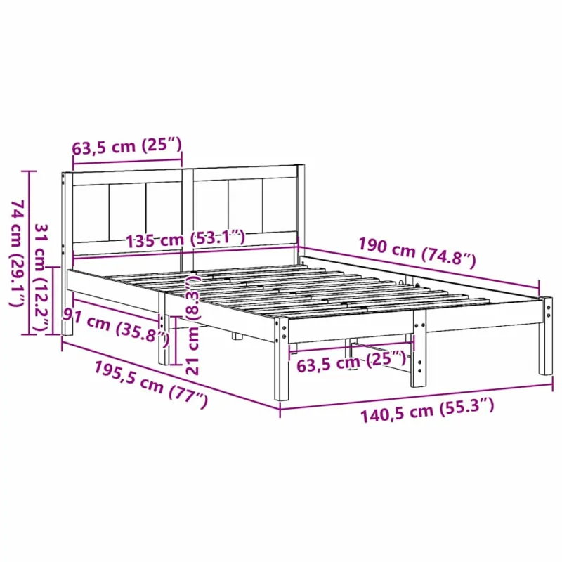 Lovos rėmas Balta 135 x 190 cm Pušies medienos masyvas