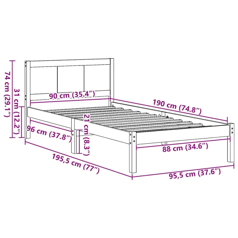 Lovos rėmas Balta 90 x 190 cm Pušies medienos masyvas