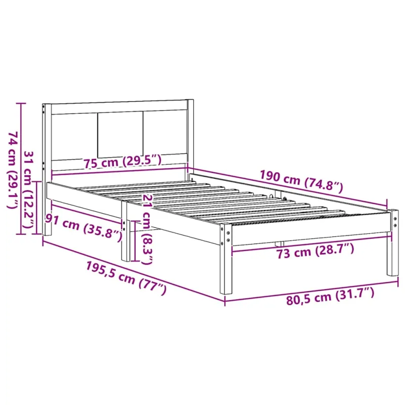 Lovos rėmas Ruda 75 x 190 cm Pušies medienos masyvas