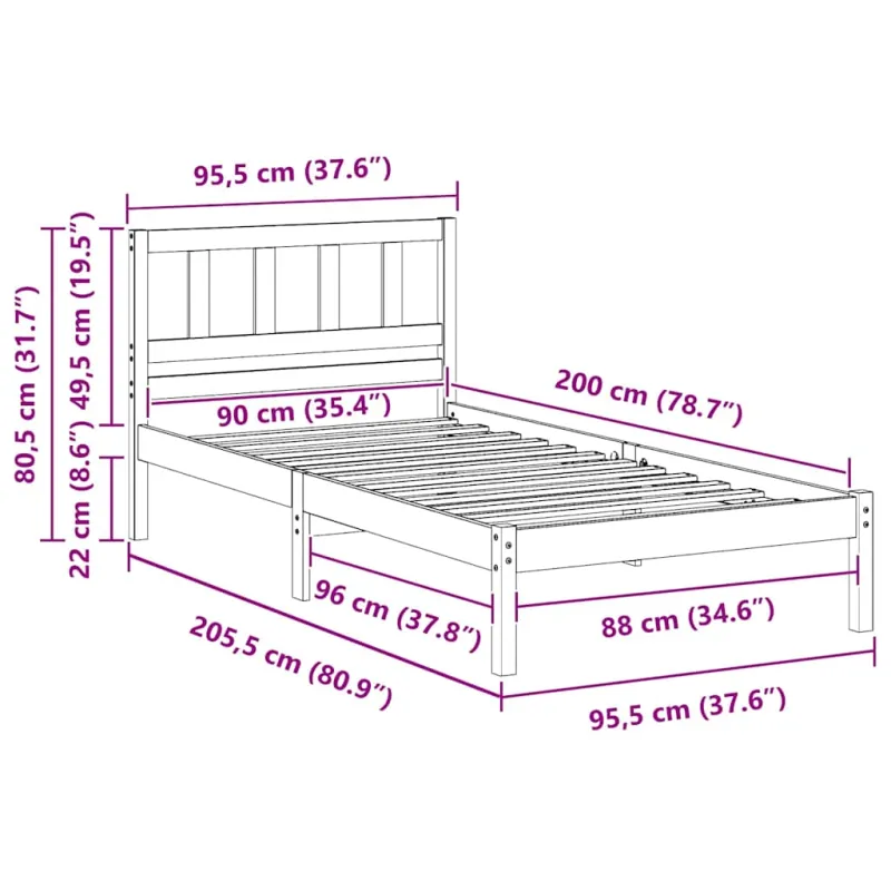 Lovos rėmas Balta 90 x 200 cm Kietos pušies mediena