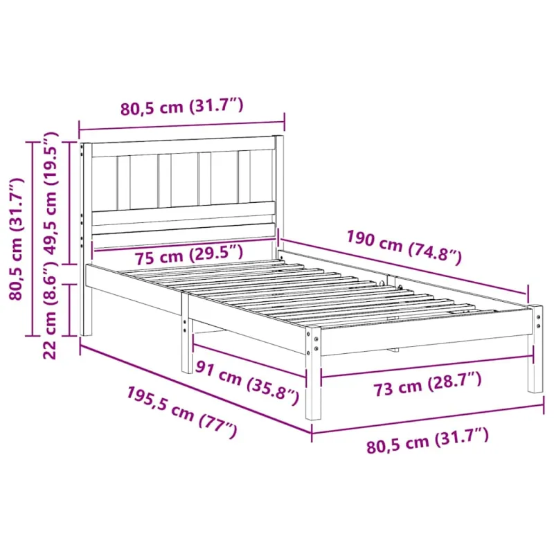 Lovos rėmas Ruda 75 x 190 cm Kietos pušies mediena