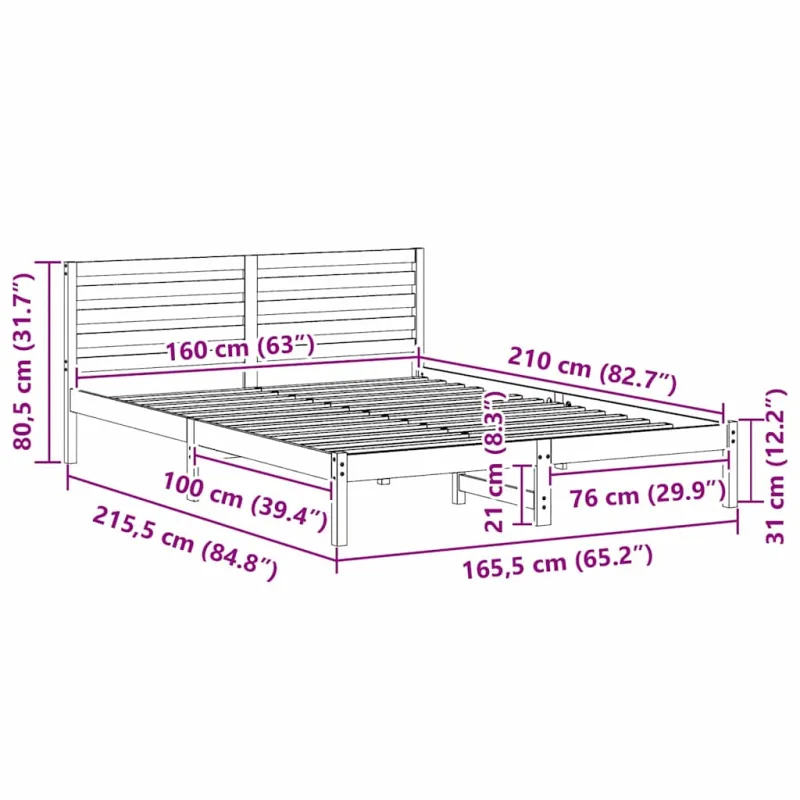 Lovos rėmas Balta 160 x 210 cm Kietos pušies mediena