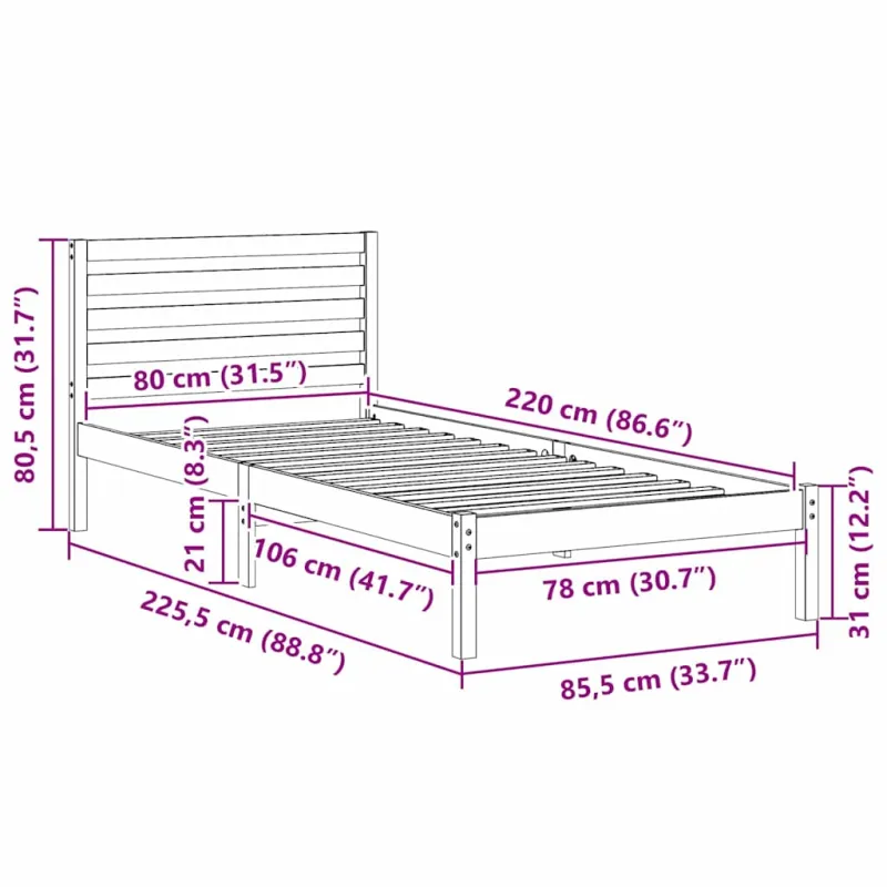 Lovos rėmas Vaško ruda 80 x 220 cm Kietos pušies mediena