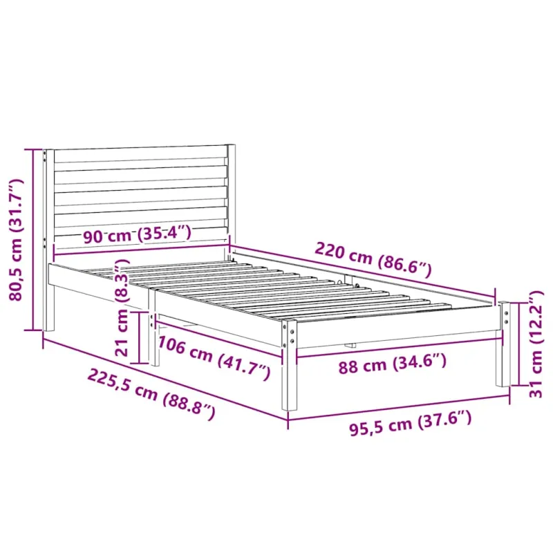 Lovos rėmas Balta 90 x 220 cm Kietos pušies mediena