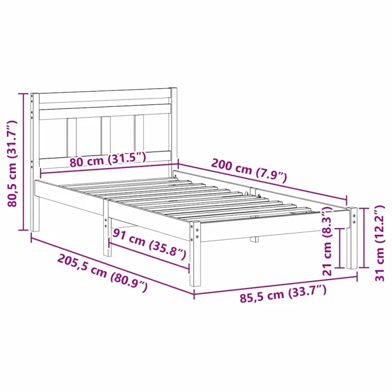 Lovos rėmas Ruda 80 x 200 cm Kietos pušies mediena