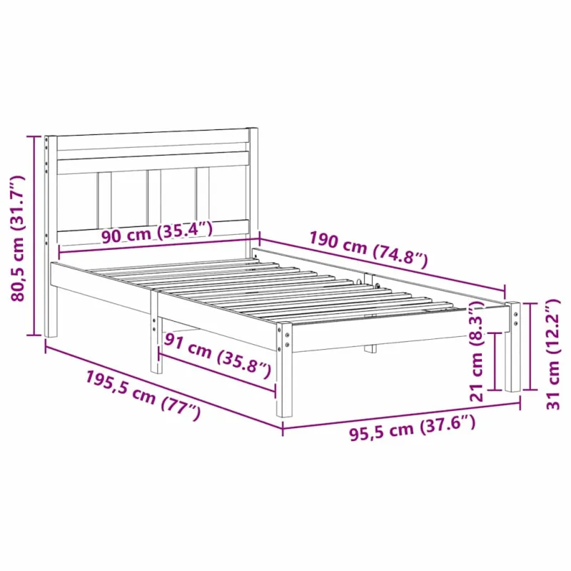 Lovos rėmas Ruda 90 x 190 cm Kietos pušies mediena