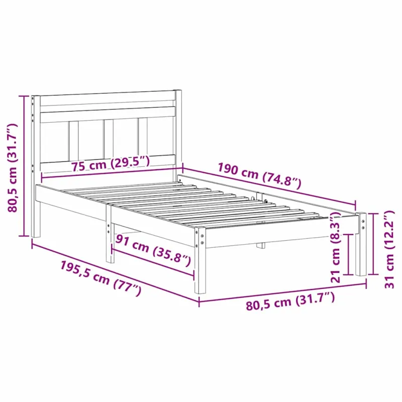 Lovos rėmas Ruda 75 x 190 cm Kietos pušies mediena