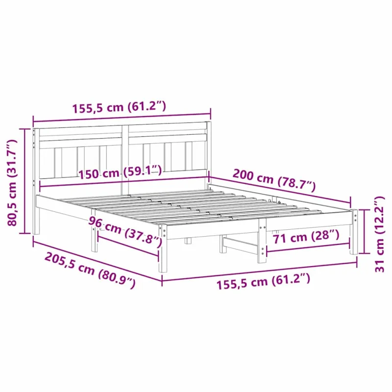 Lovos rėmas Balta 150 x 200 cm Kietos pušies mediena