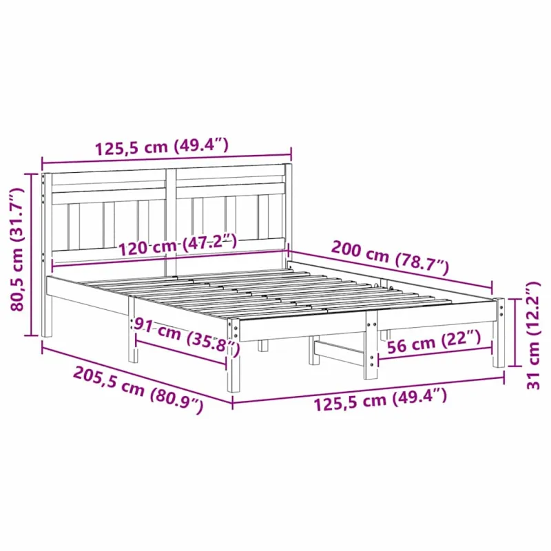 Lovos rėmas Balta 120 x 200 cm Kietos pušies mediena