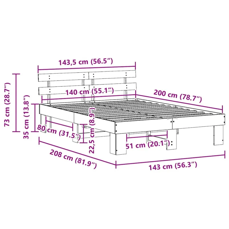 Lovos rėmas Balta 140 x 200 cm Kietos pušies mediena
