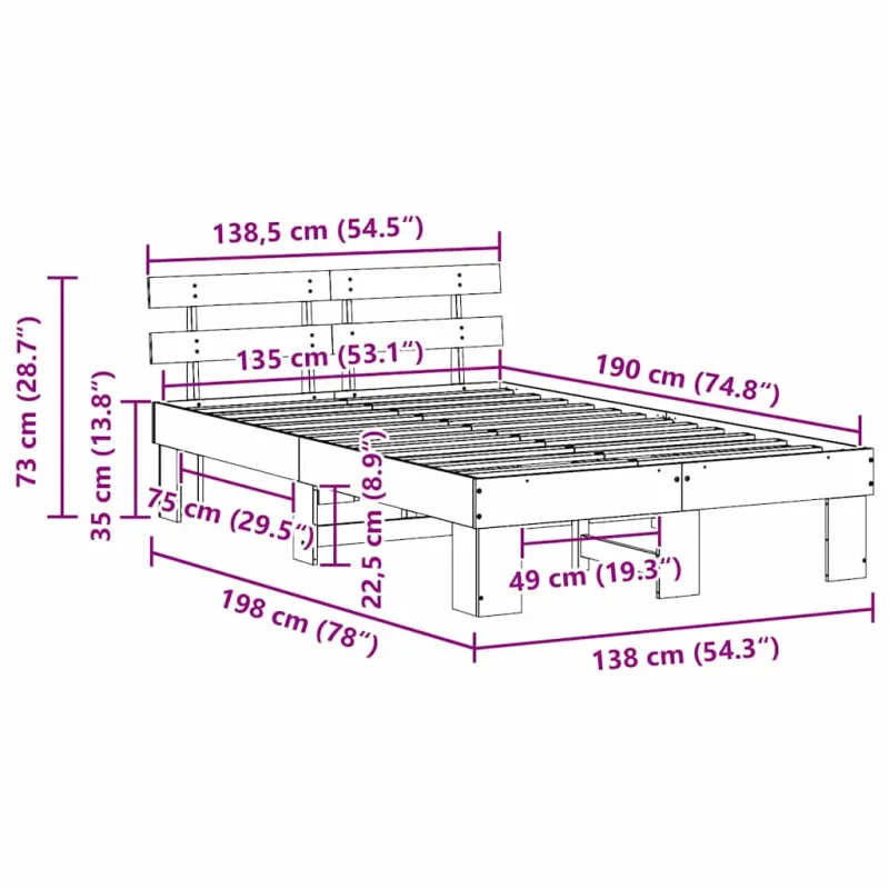 Lovos rėmas Natūrali 135 x 190 cm Kietos pušies mediena