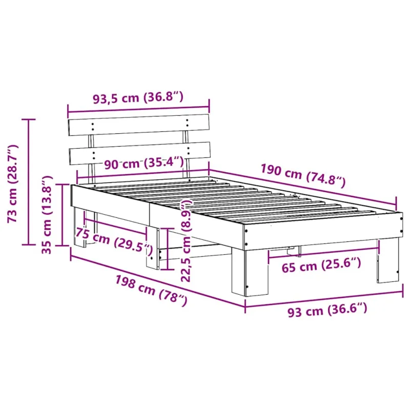 Lovos rėmas Balta 90 x 190 cm Kietos pušies mediena