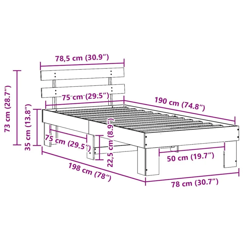 Lovos rėmas Balta 75 x 190 cm Kietos pušies mediena