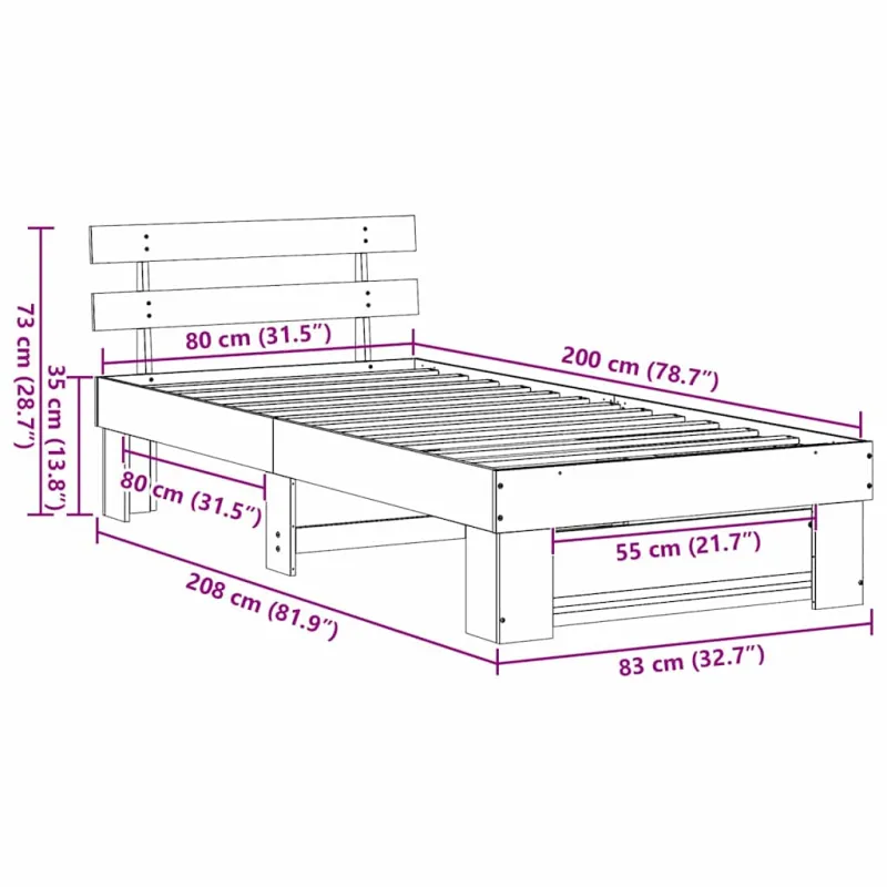 Lovos rėmas Balta 80 x 200 cm Kietos pušies mediena