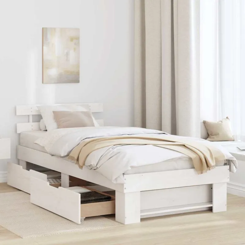 Lovos rėmas su stalčių Balta 90 x 190 cm Kietos pušies mediena