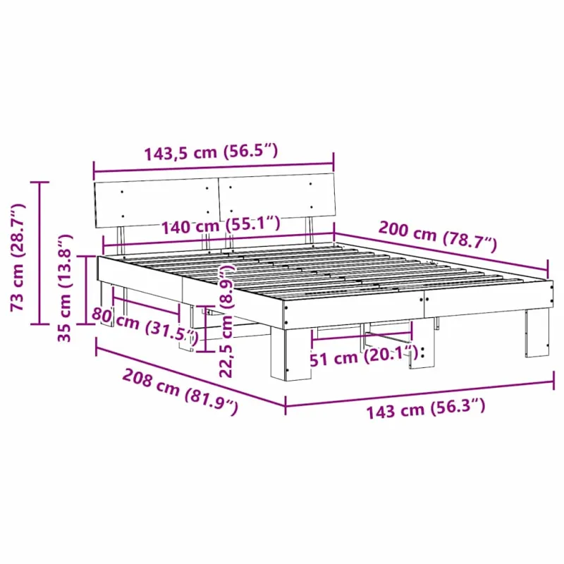 Lovos rėmas Natūrali 140 x 200 cm Kietos pušies mediena