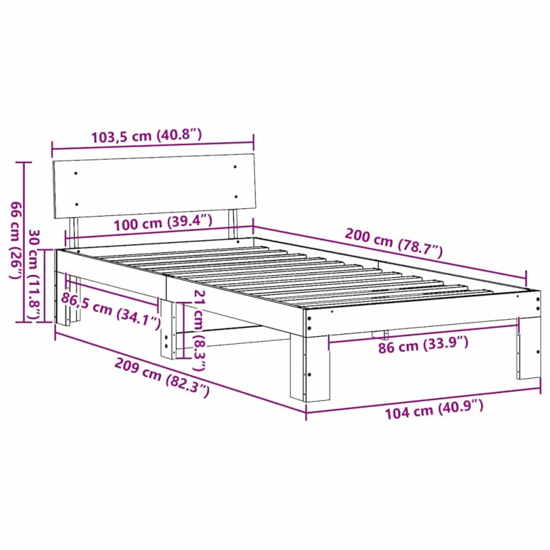 Lovos rėmas Natūrali 100 x 200 cm Kietos pušies mediena