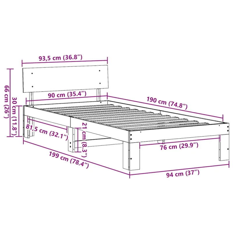 Lovos rėmas Balta 90 x 190 cm Kietos pušies mediena