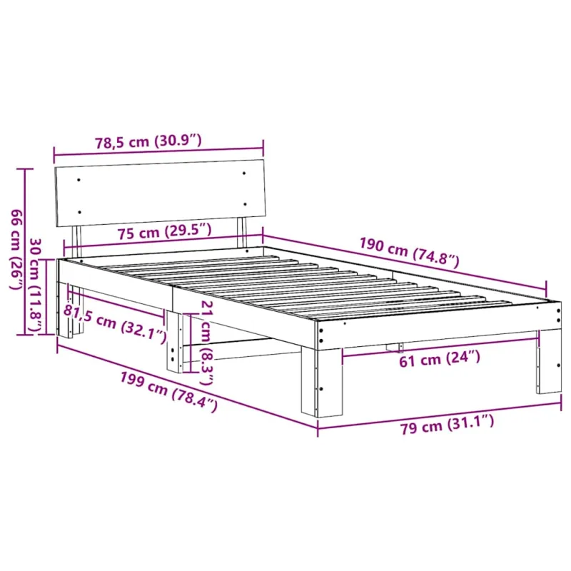 Lovos rėmas Balta 75 x 190 cm Kietos pušies mediena