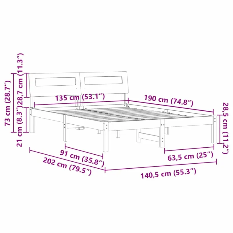 Lovos rėmas Balta 135 x 190 cm Kietos pušies mediena